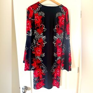 MSK Stunning Mid Length dress, black with vibrant red floral Women’s size med